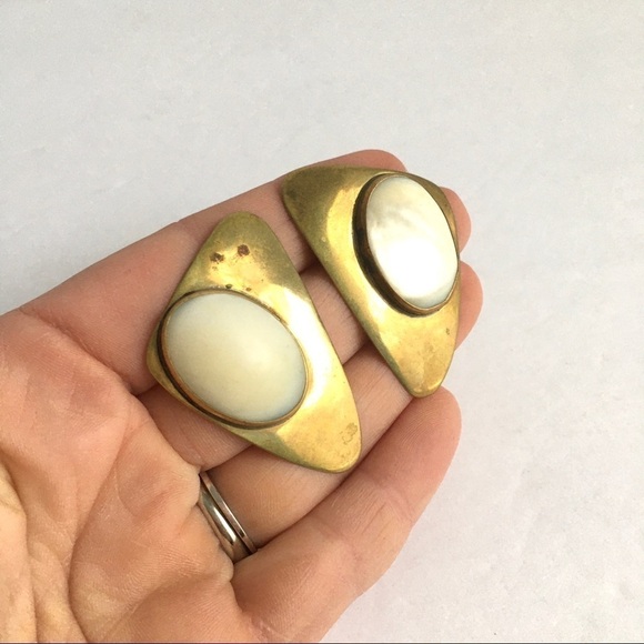 Vintage Modernist Earrings Brass Audrey Schenk Sculptural Maximalist Designer - Picture 2 of 8